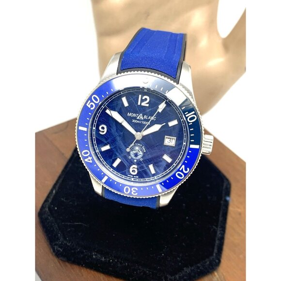 Montblanc Men's Watch 129370 Iced Sea 1858 Swiss Automatic Blue Dial Rubber Band - Picture 1 of 15